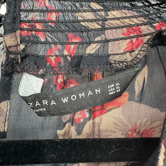 Zara Woman Black Sheer Floral Lace Long Sleeve Blouse Top Size XL Boho Romantic - Picture 3 of 6